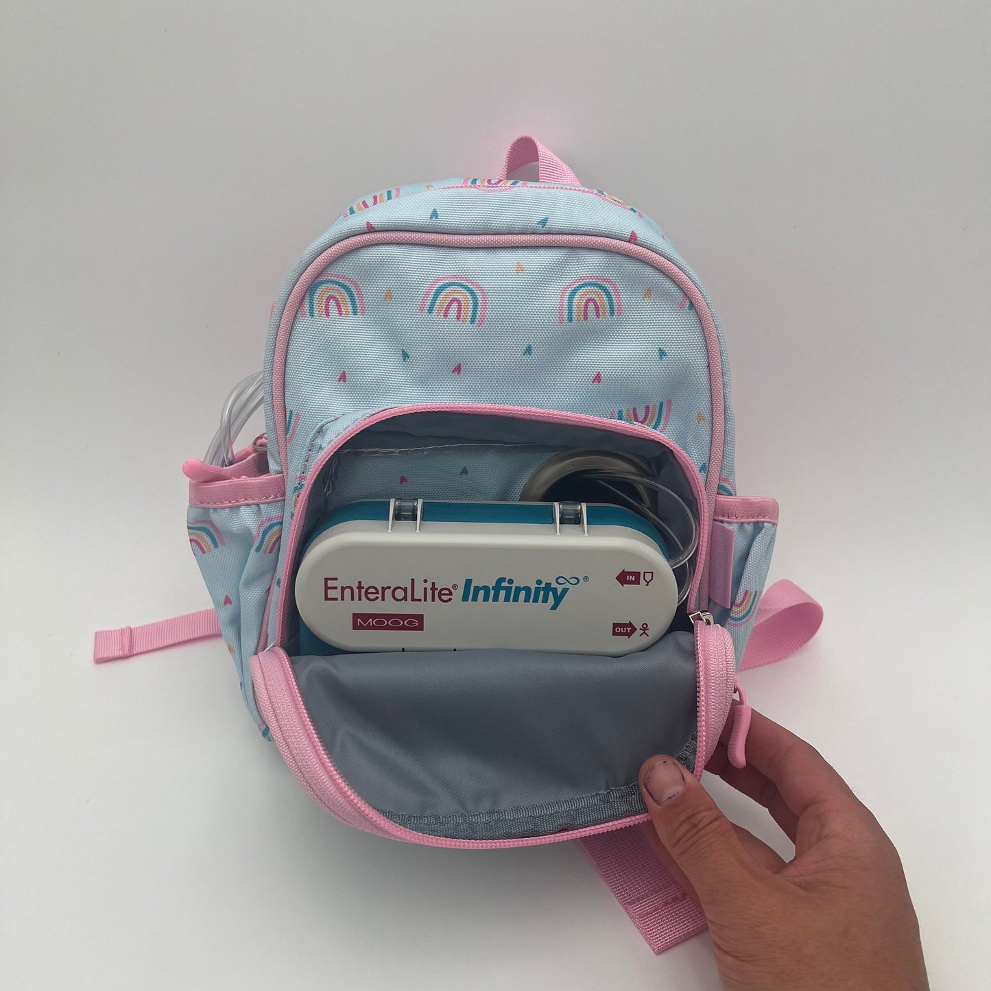 Infant Sized Tube Feeding Backpack with Leash | 500ML | for EnteraLite Infinity Pump | XS 9.5” | Blue and Pink Rainbows