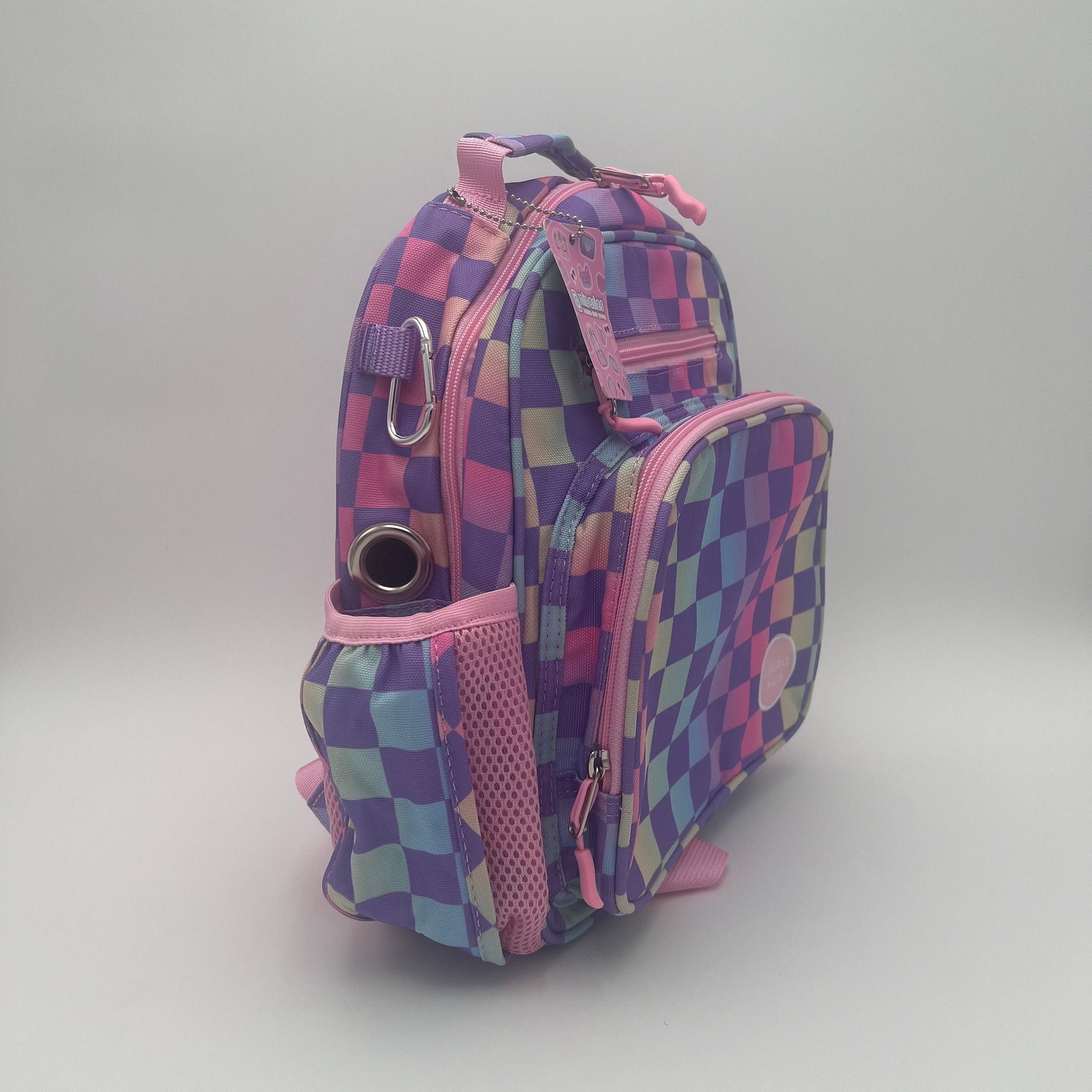 Small Feeding Tube Backpack | Rainbow Checks | For EnteraLite Infinity Feeding Pump, Kangaroo Joey / Omni | 12”