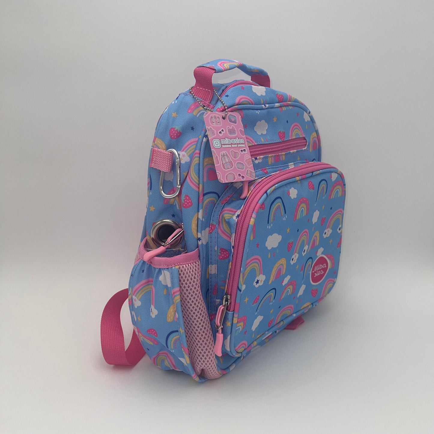 Small Feeding Tube Backpack | Blue Rainbows and Strawberries | For EnteraLite Infinity Feeding Pump, Kangaroo Joey / Omni | 12”