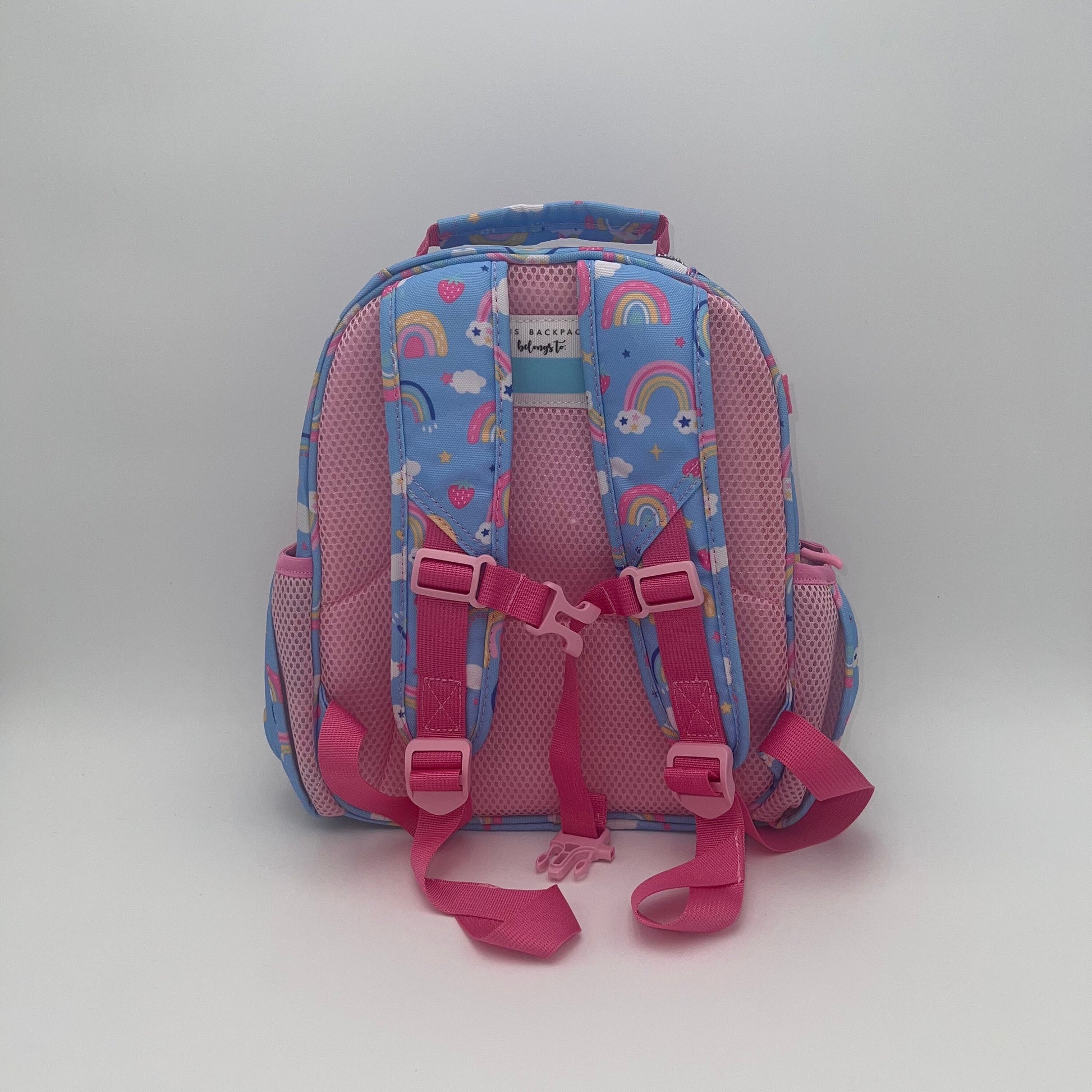 Small Feeding Tube Backpack | Blue Rainbows and Strawberries | For EnteraLite Infinity Feeding Pump, Kangaroo Joey / Omni | 12”