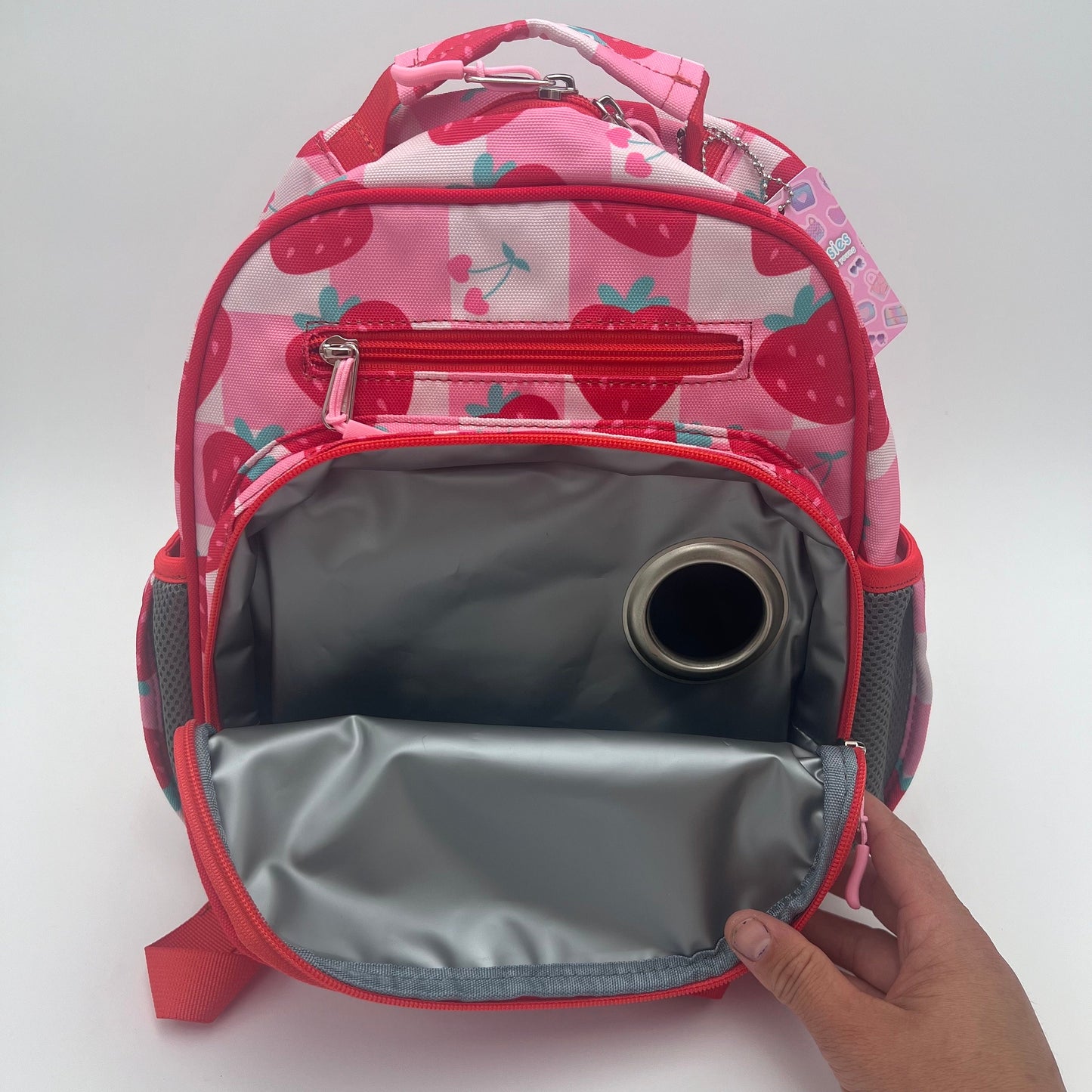 Small Feeding Tube Backpack | Pink and Red Strawberry Checks | For EnteraLite Infinity Feeding Pump, Kangaroo Joey / Omni | 12”