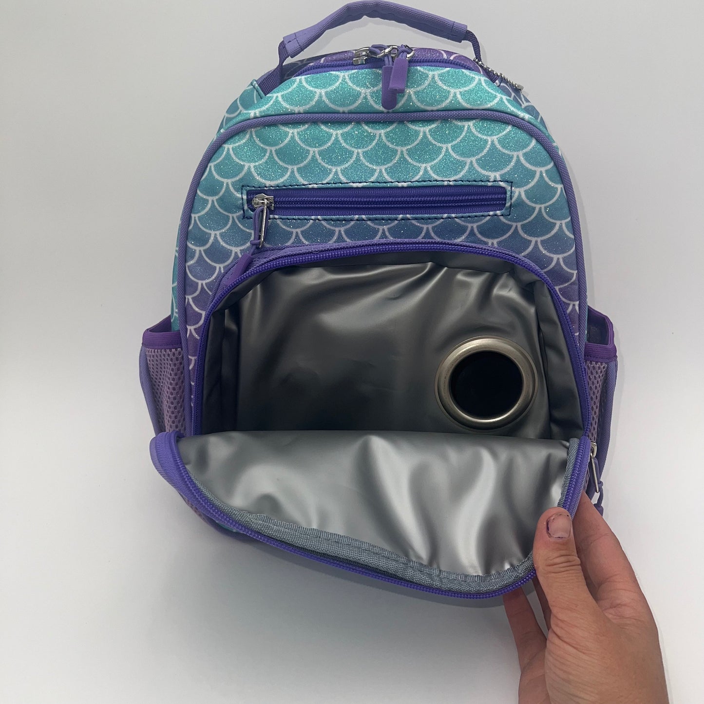 Small Feeding Tube Backpack | Purple Teal Glittery Mermaid | For EnteraLite Infinity Feeding Pump, Kangaroo Joey / Omni | 12”