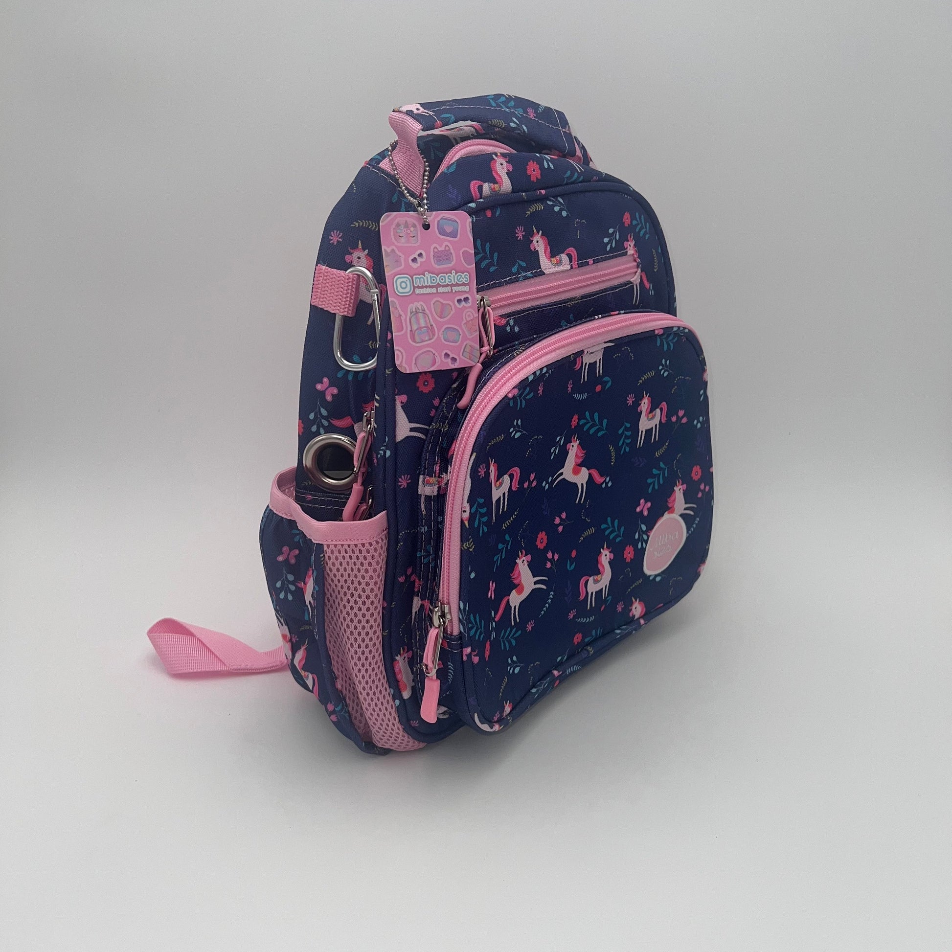 Small Feeding Tube Backpack | Dark Blue and Pink Unicorn | For EnteraLite Infinity Feeding Pump, Kangaroo Joey / Omni | 12”