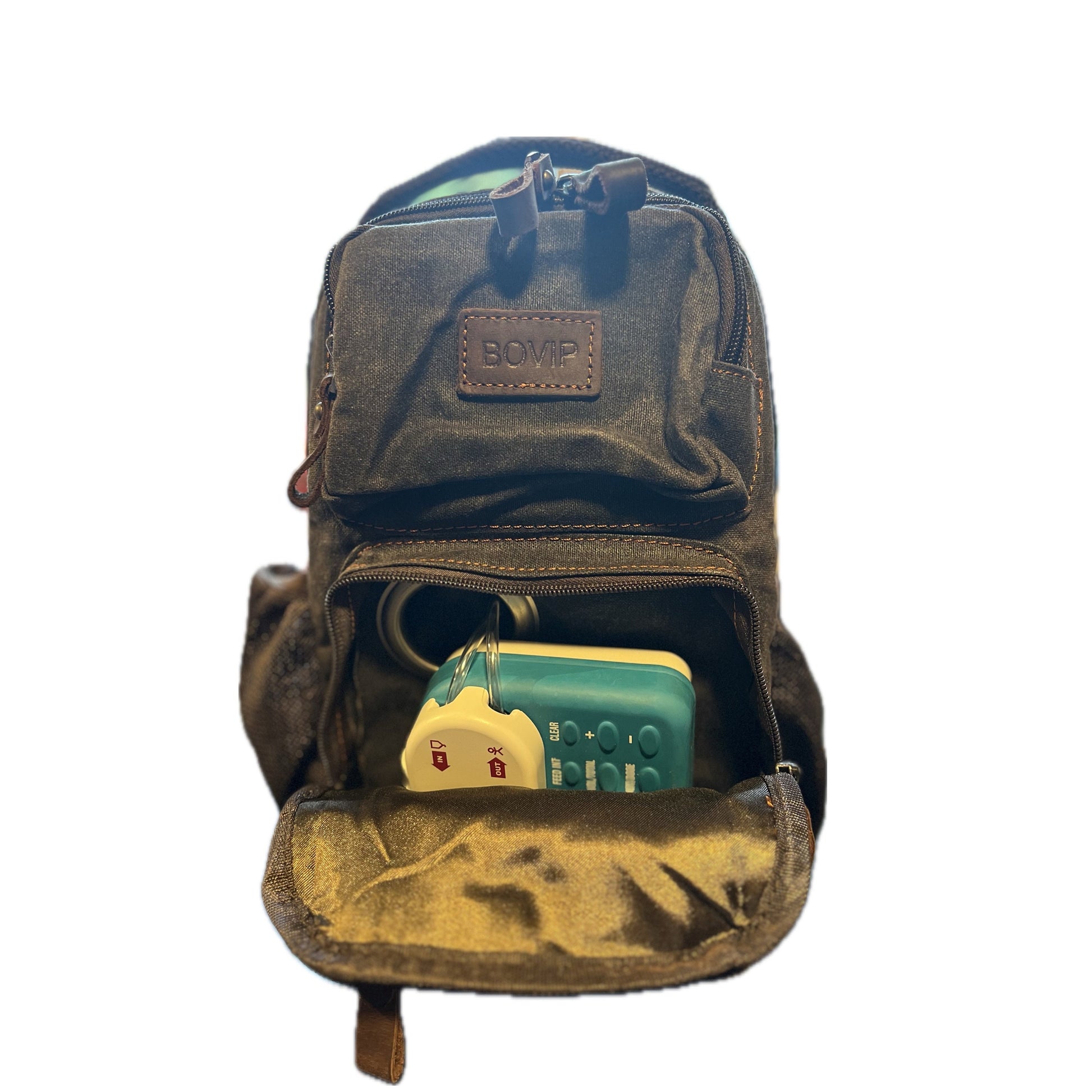 Small Tube Feed Crossbody Bag | Waxed Canvas | Dark Grey with Brown Accents, 12” For Enteralite Infinity Pump
