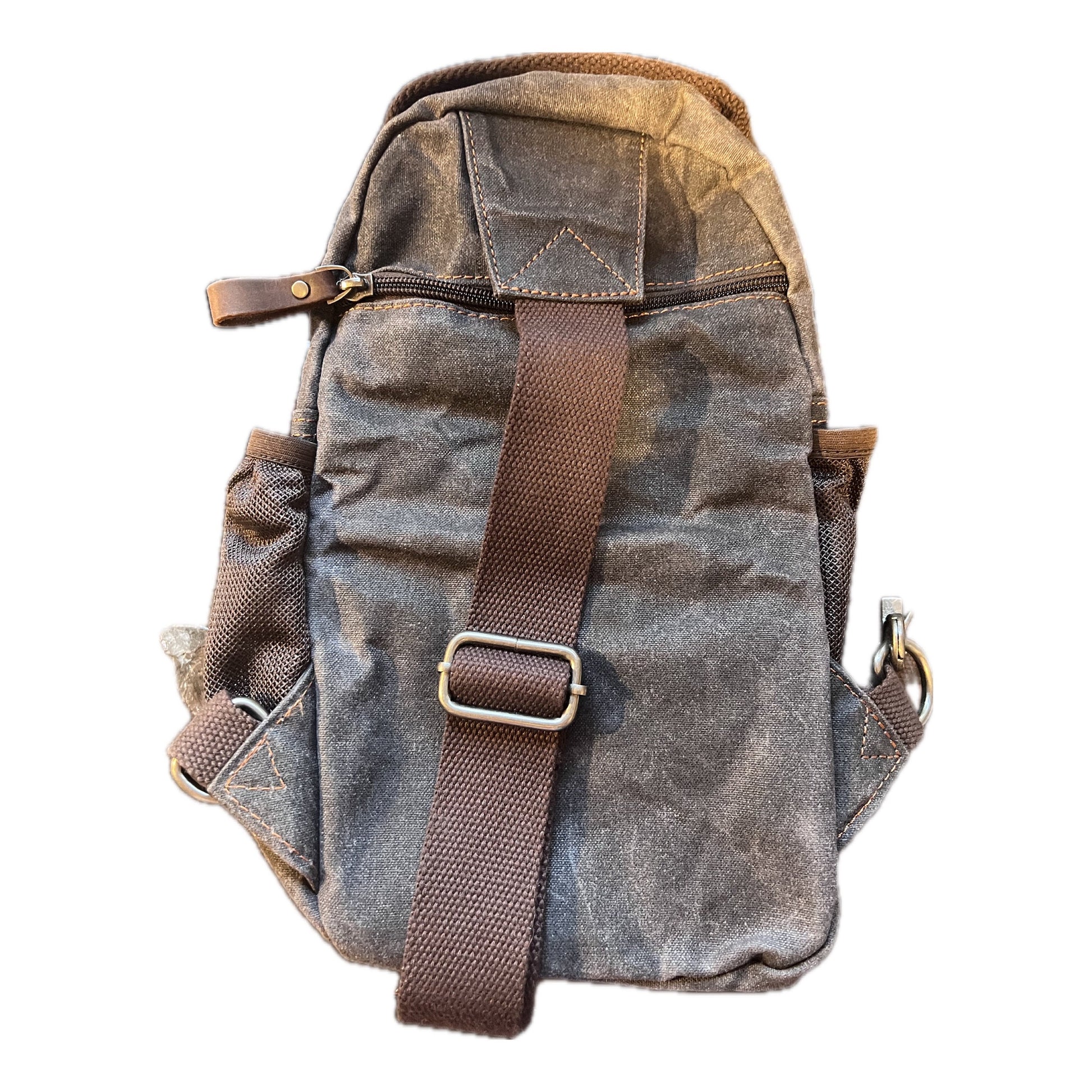 Small Tube Feed Crossbody Bag | Waxed Canvas | Dark Grey with Brown Accents, 12” For Enteralite Infinity Pump