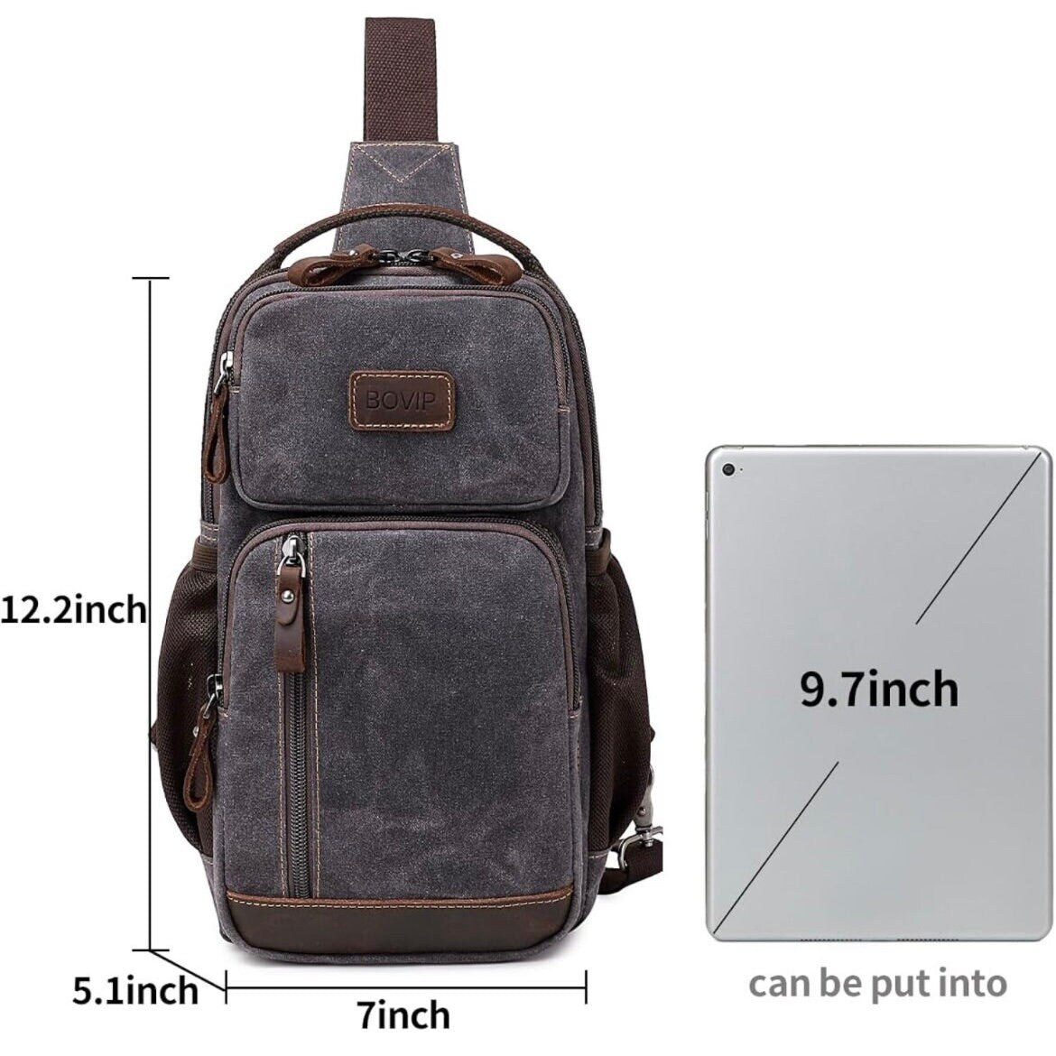 Small Tube Feed Crossbody Bag | Waxed Canvas | Dark Grey with Brown Accents, 12” For Enteralite Infinity Pump
