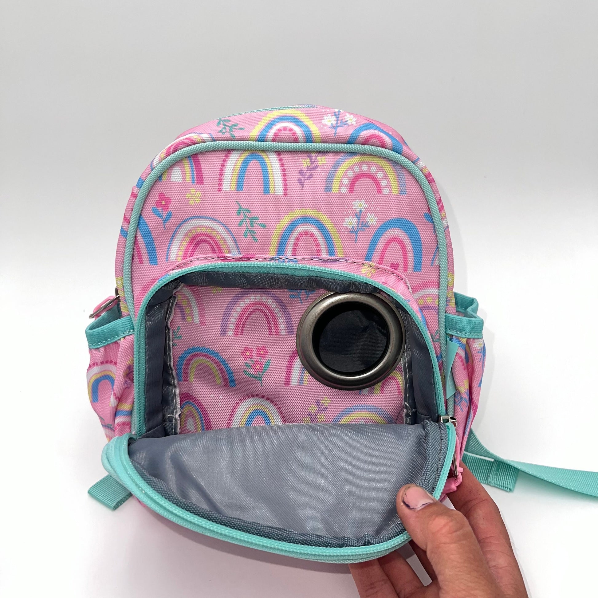 Infant Sized Tube Feeding Backpack with Leash | 500ML | for EnteraLite Infinity Pump | XS 9.5” | Pink Rainbows