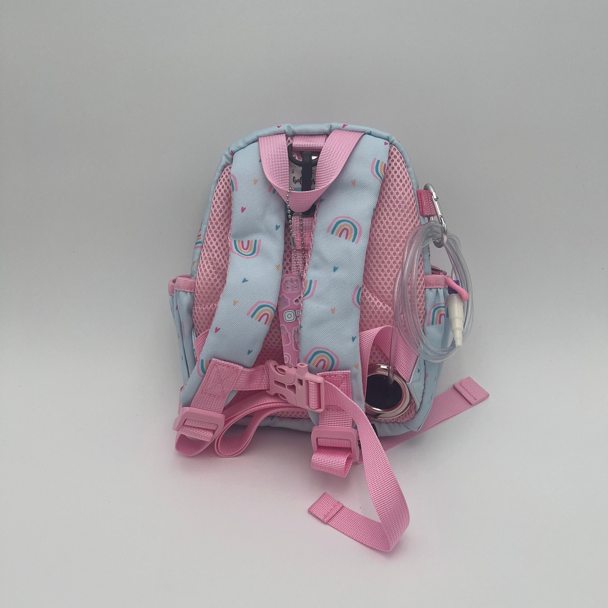 Infant Sized Tube Feeding Backpack with Leash | 500ML | for EnteraLite Infinity Pump | XS 9.5” | Blue and Pink Rainbows