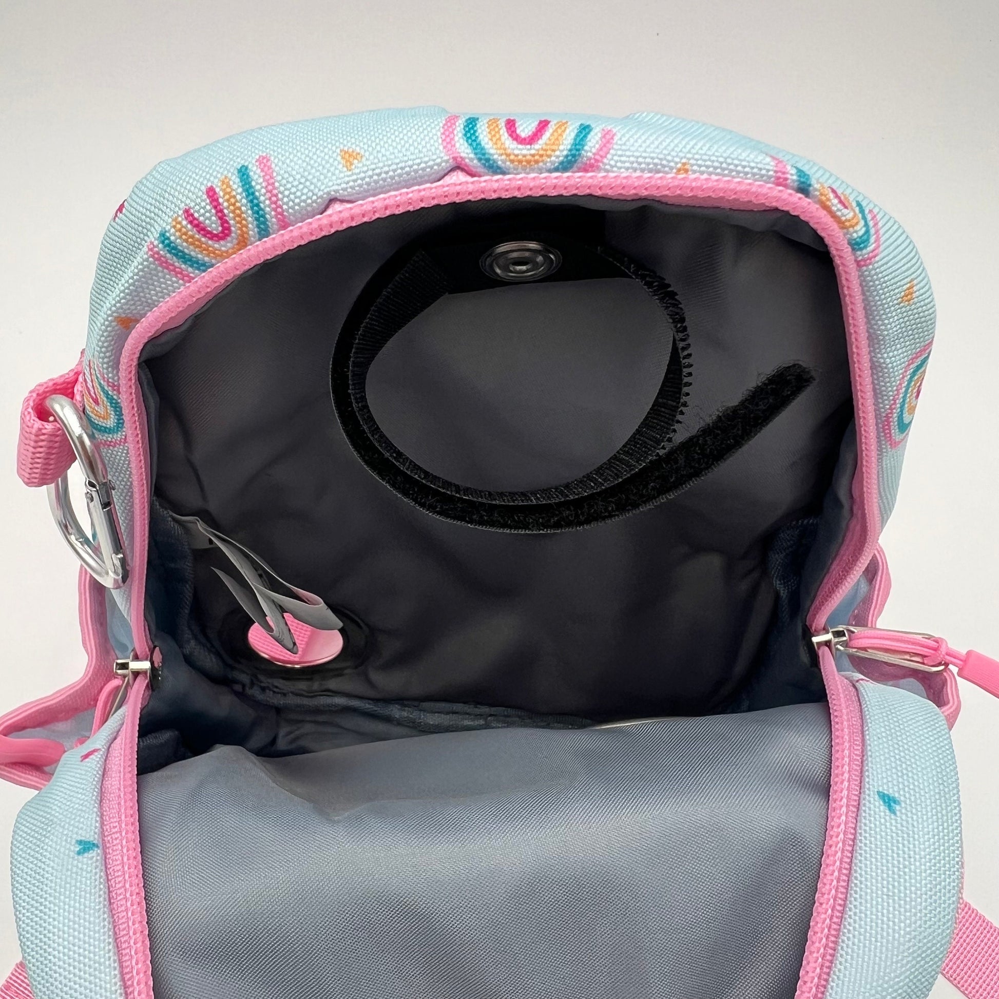 Infant Sized Tube Feeding Backpack with Leash | 500ML | for EnteraLite Infinity Pump | XS 9.5” | Blue and Pink Rainbows
