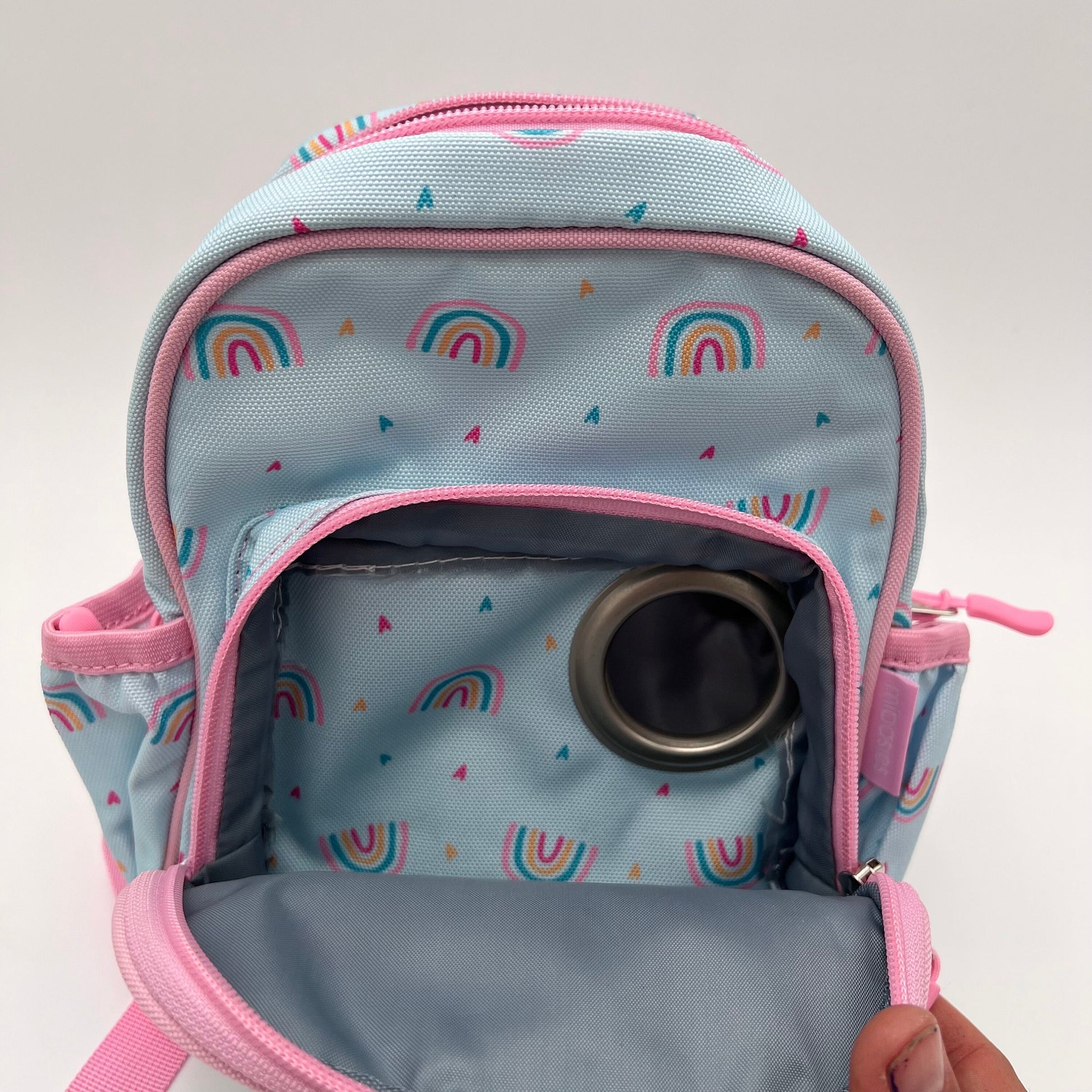 Infant Sized Tube Feeding Backpack with Leash | 500ML | for EnteraLite Infinity Pump | XS 9.5” | Blue and Pink Rainbows