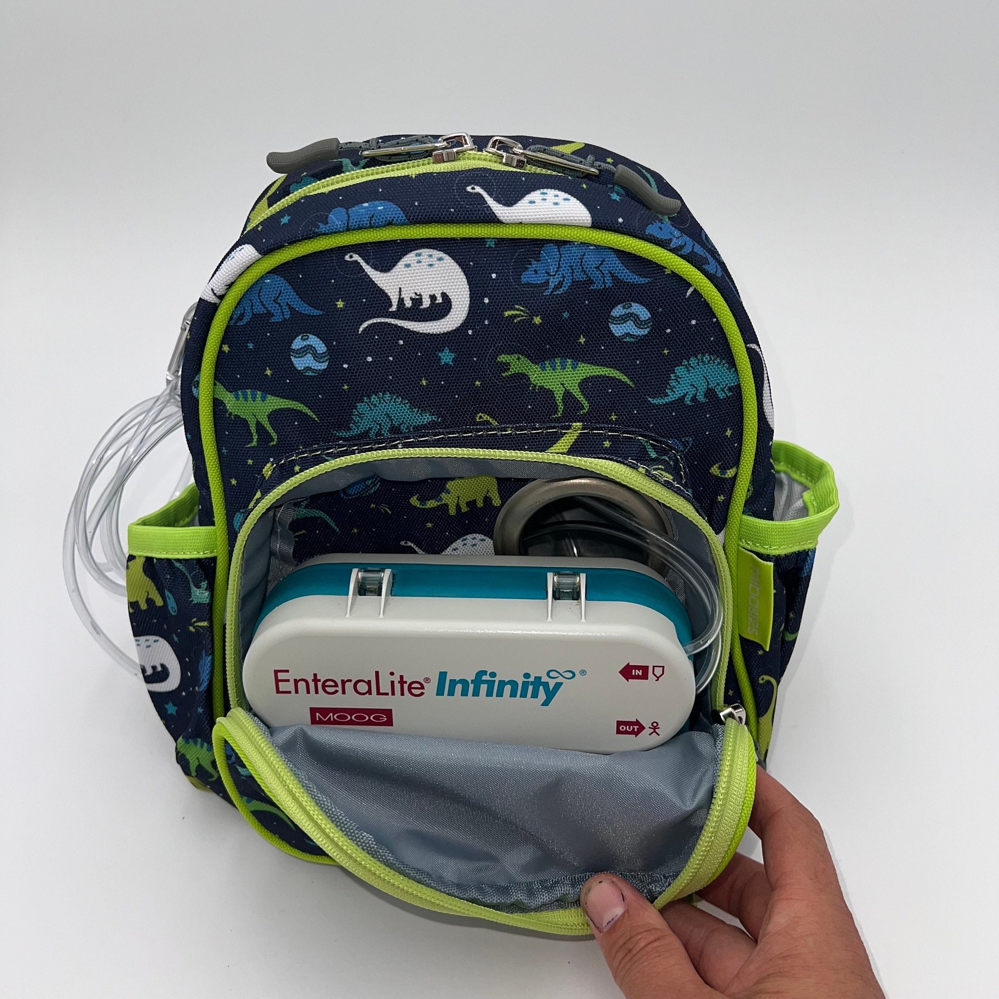 Infant Sized Tube Feeding Backpack with Leash | 500ML | for EnteraLite Infinity Pump | XS 9.5” | Space Dinosaur