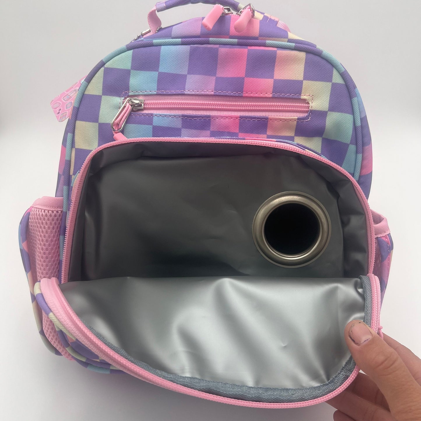 Small Feeding Tube Backpack | Rainbow Checks | For EnteraLite Infinity Feeding Pump, Kangaroo Joey / Omni | 12”