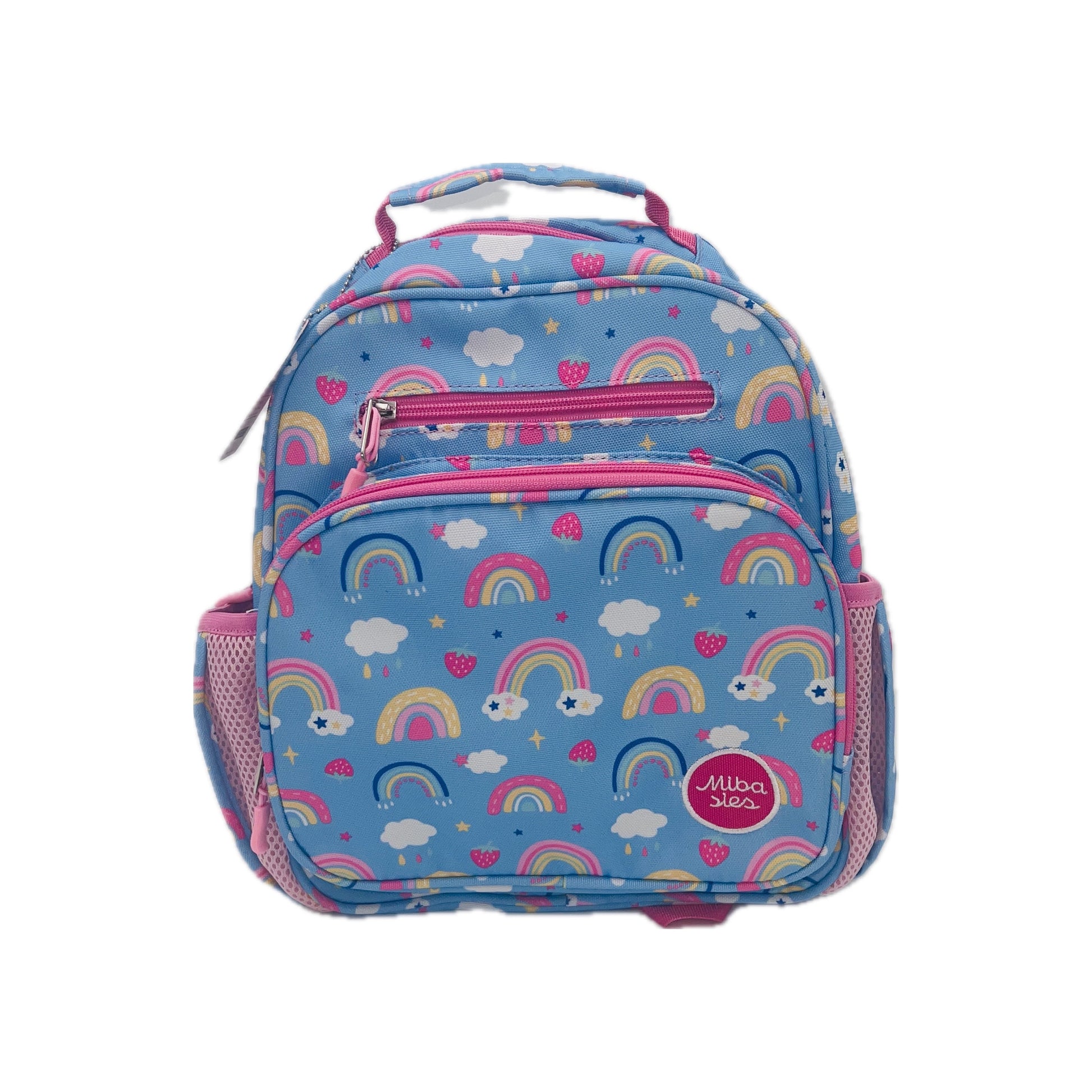 Small Feeding Tube Backpack | Blue Rainbows and Strawberries | For EnteraLite Infinity Feeding Pump, Kangaroo Joey / Omni | 12”