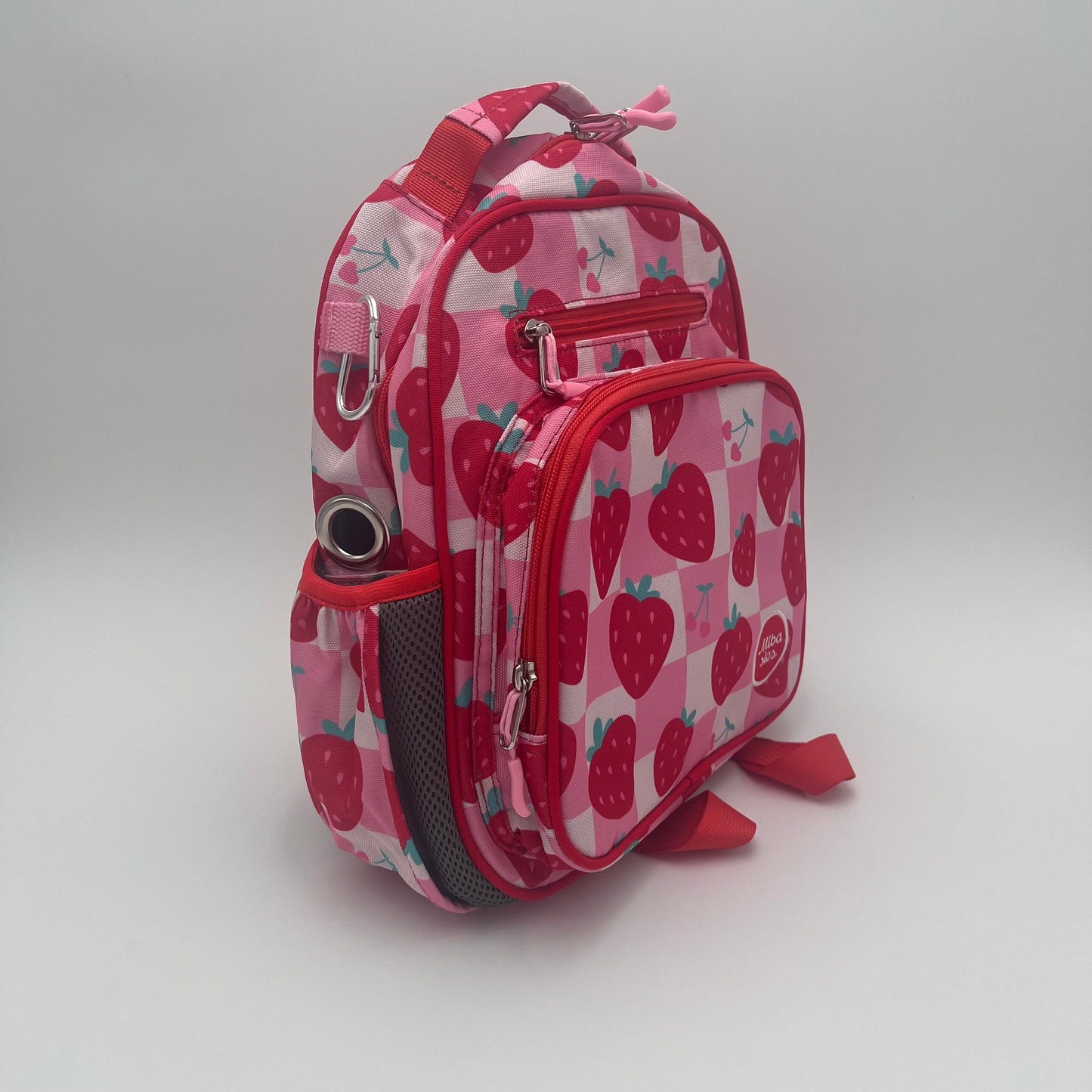 Small Feeding Tube Backpack | Pink and Red Strawberry Checks | For EnteraLite Infinity Feeding Pump, Kangaroo Joey / Omni | 12”