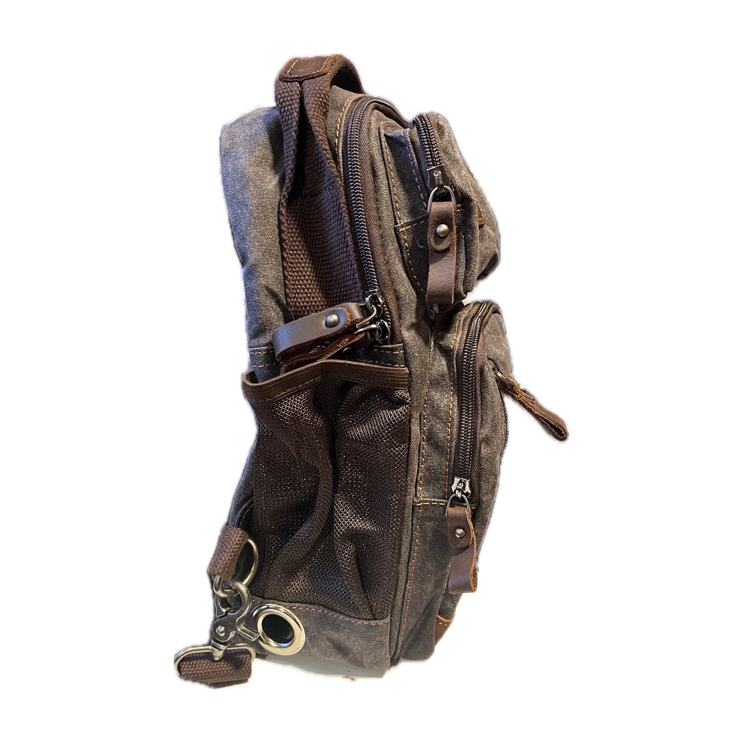 Small Tube Feed Crossbody Bag | Waxed Canvas | Dark Grey with Brown Accents, 12” For Enteralite Infinity Pump