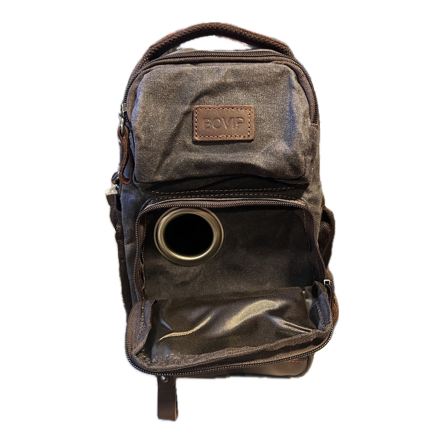 Small Tube Feed Crossbody Bag | Waxed Canvas | Dark Grey with Brown Accents, 12” For Enteralite Infinity Pump