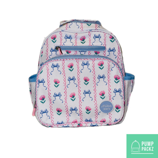 Small Feeding Tube Backpack | Pink and Sky Blue Tulip And Bows | For EnteraLite Infinity Feeding Pump, Kangaroo Joey / Omni | 12”