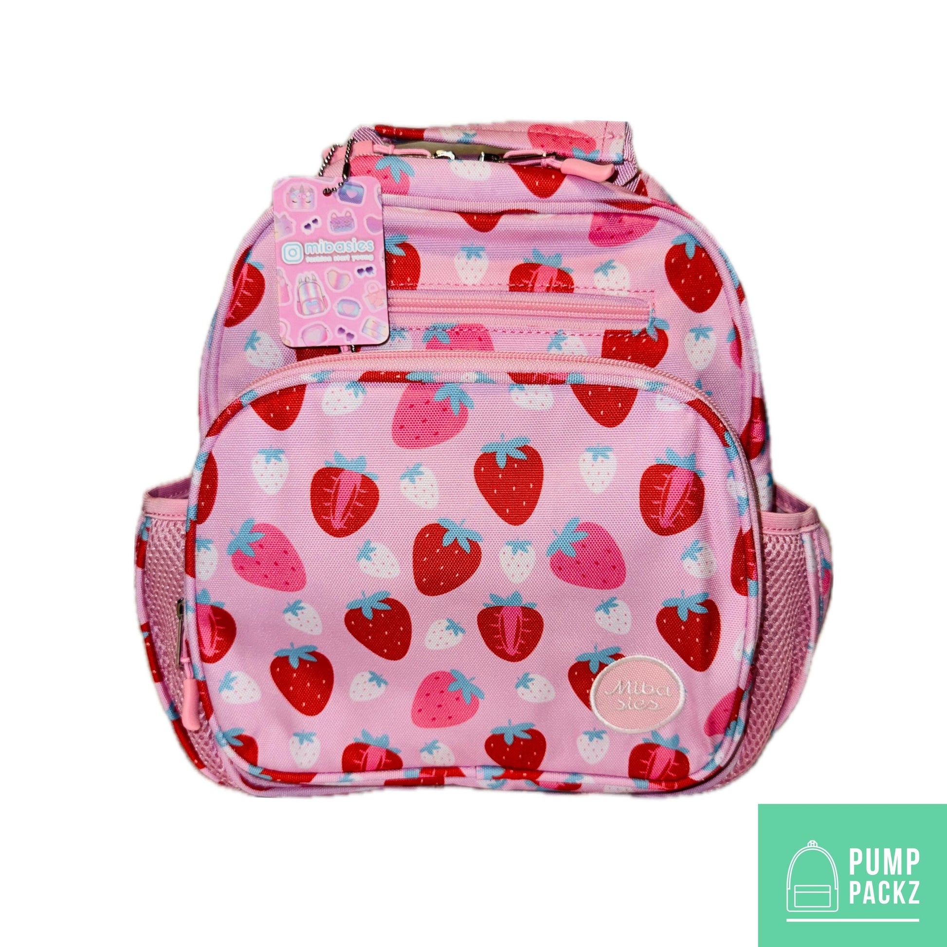 Small Feeding Tube Backpack | Pink Half Strawberries | For EnteraLite Infinity Feeding Pump, Kangaroo Joey / Omni | 12”