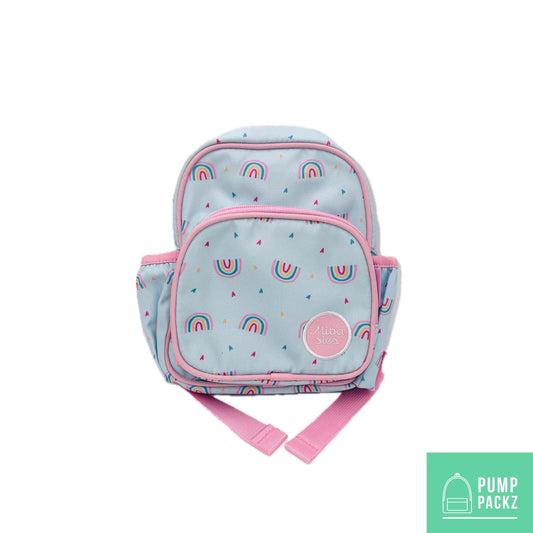 Infant Sized Tube Feeding Backpack with Leash | 500ML | for EnteraLite Infinity Pump | XS 9.5” | Blue and Pink Rainbows