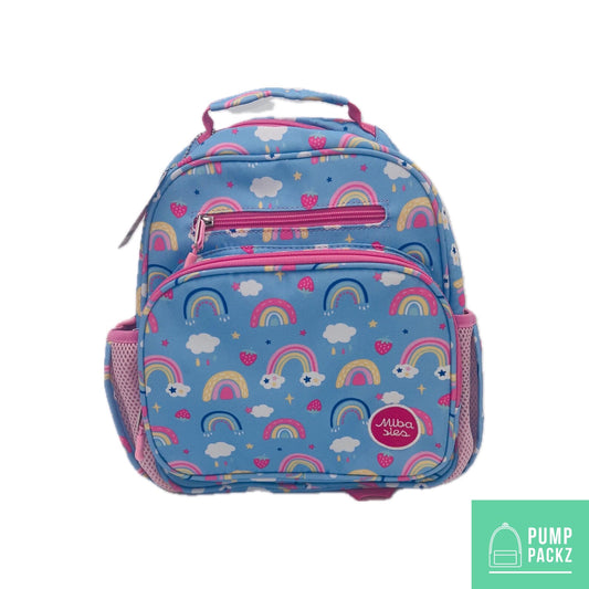 Small Feeding Tube Backpack | Blue Rainbows and Strawberries | For EnteraLite Infinity Feeding Pump, Kangaroo Joey / Omni | 12”