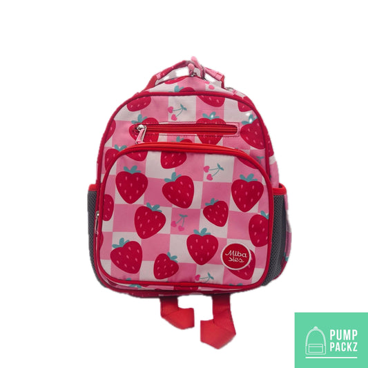 Small Feeding Tube Backpack | Pink and Red Strawberry Checks | For EnteraLite Infinity Feeding Pump, Kangaroo Joey / Omni | 12”