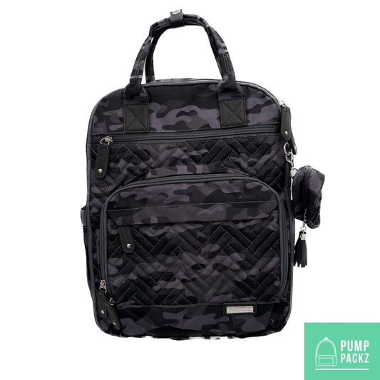 GTube Modified Tube Feeding Backpack | Dark Grey Camo, Quilted | Large, 16.5” | Adapted for use with Enteralite Infinity and Kangaroo Joey