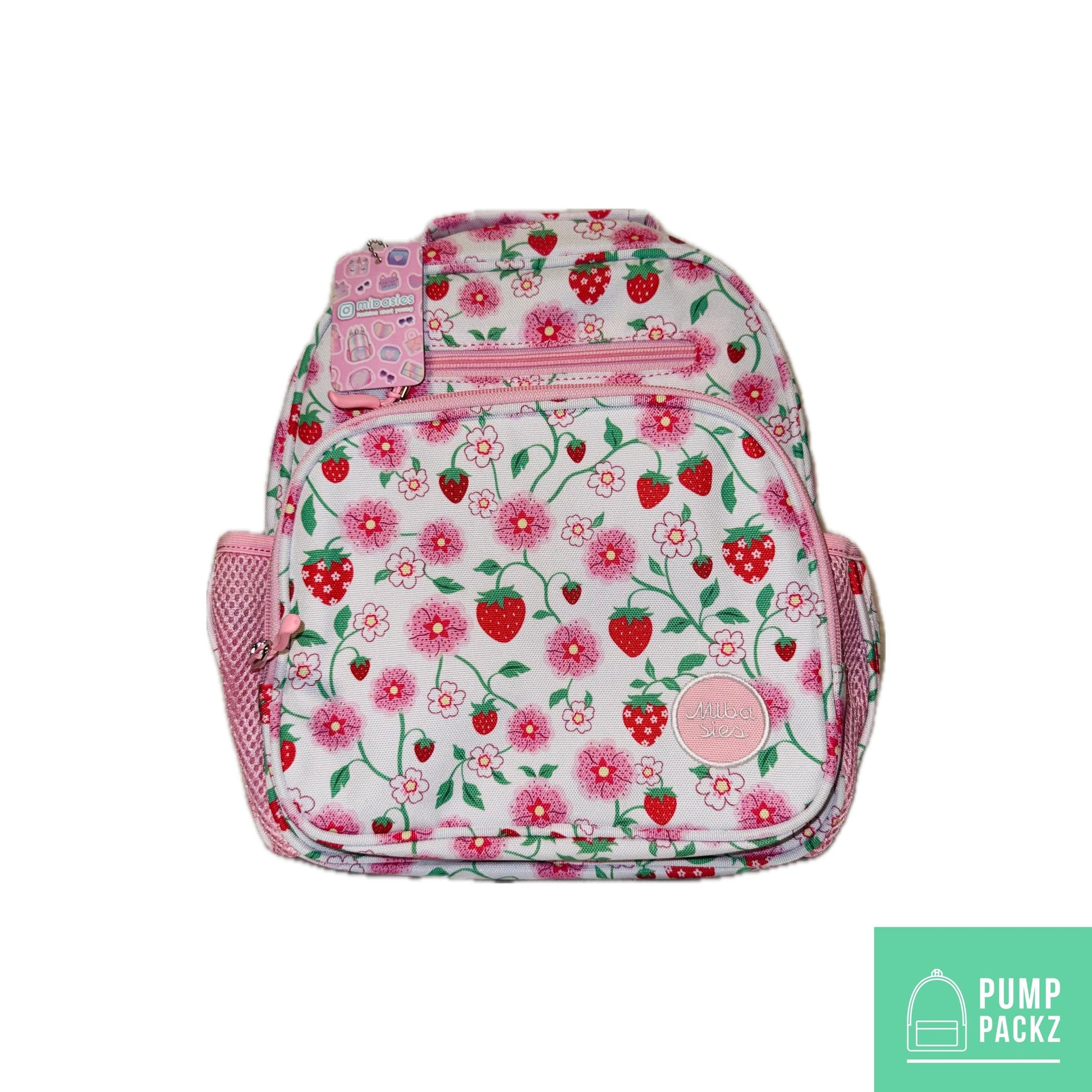 Small Feeding Tube Backpack | Pink Vine and Flower Strawberries | For EnteraLite Infinity Feeding Pump, Kangaroo Joey / Omni | 12”