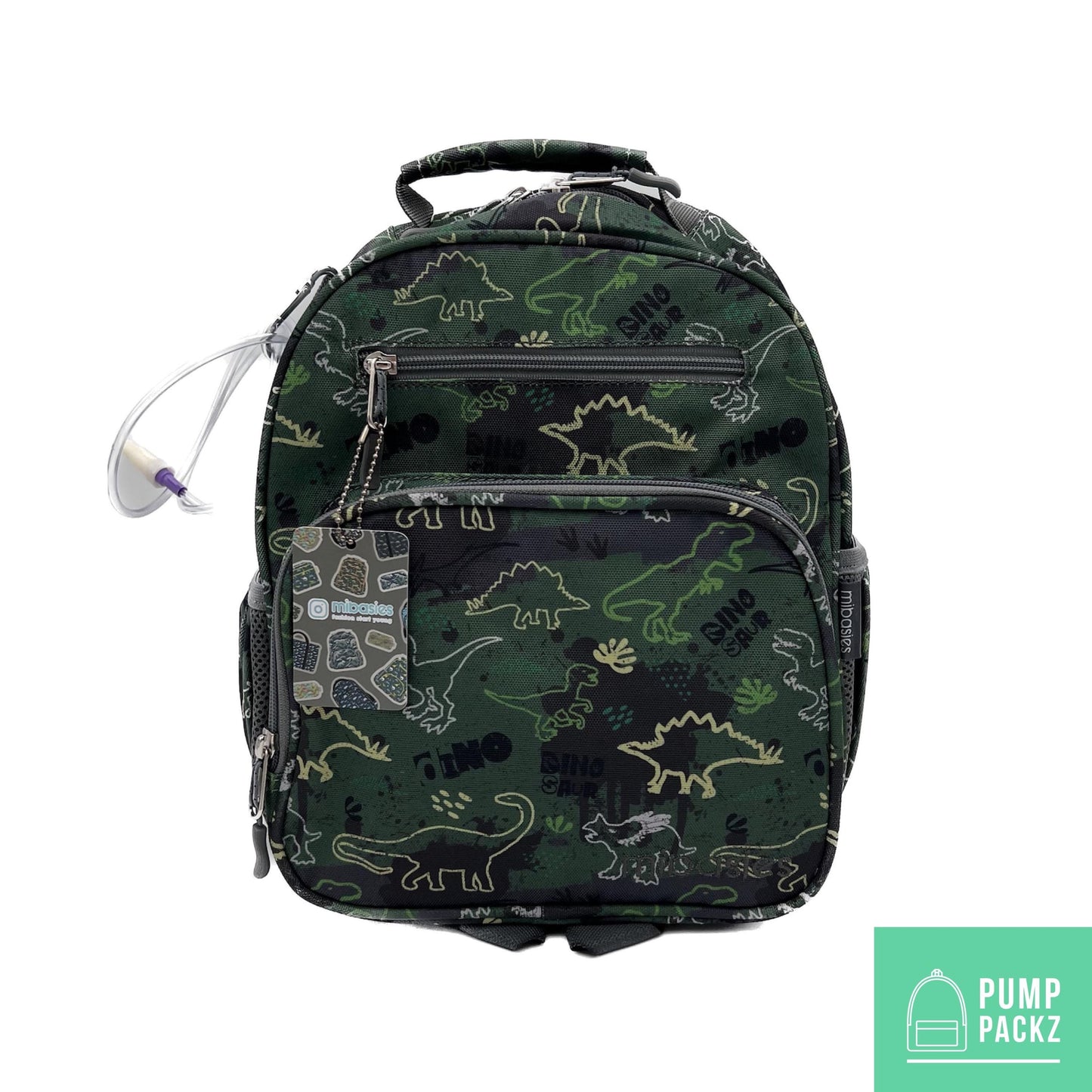 Small Feeding Tube Backpack | Green Camo Dinosaur | For EnteraLite Infinity Feeding Pump, Kangaroo Joey / Omni | 12”