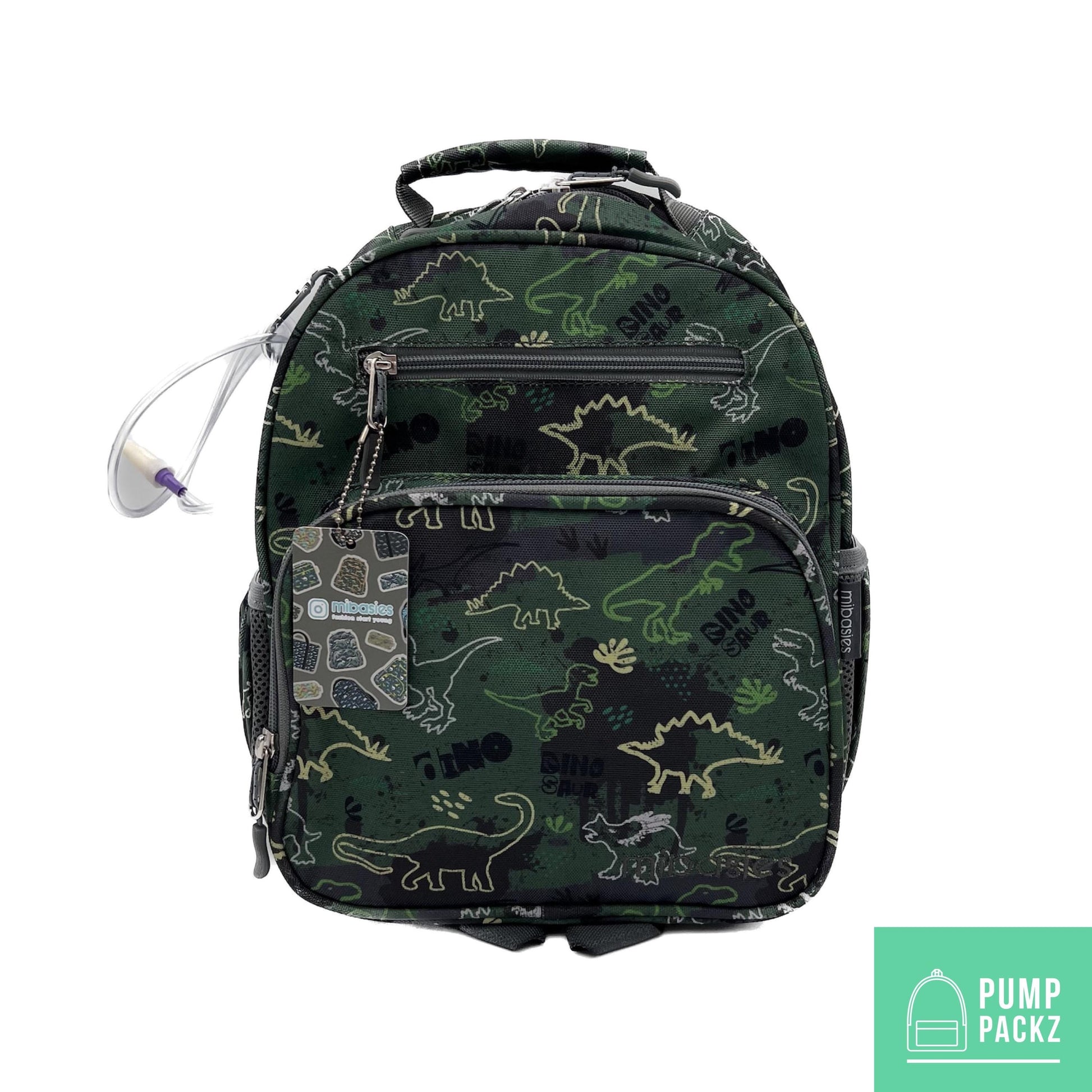 Small Feeding Tube Backpack | Green Camo Dinosaur | For EnteraLite Infinity Feeding Pump, Kangaroo Joey / Omni | 12”
