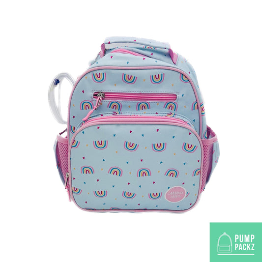 Small Feeding Tube Backpack | Light Blue Rainbows | For EnteraLite Infinity Feeding Pump, Kangaroo Joey / Omni | 12”