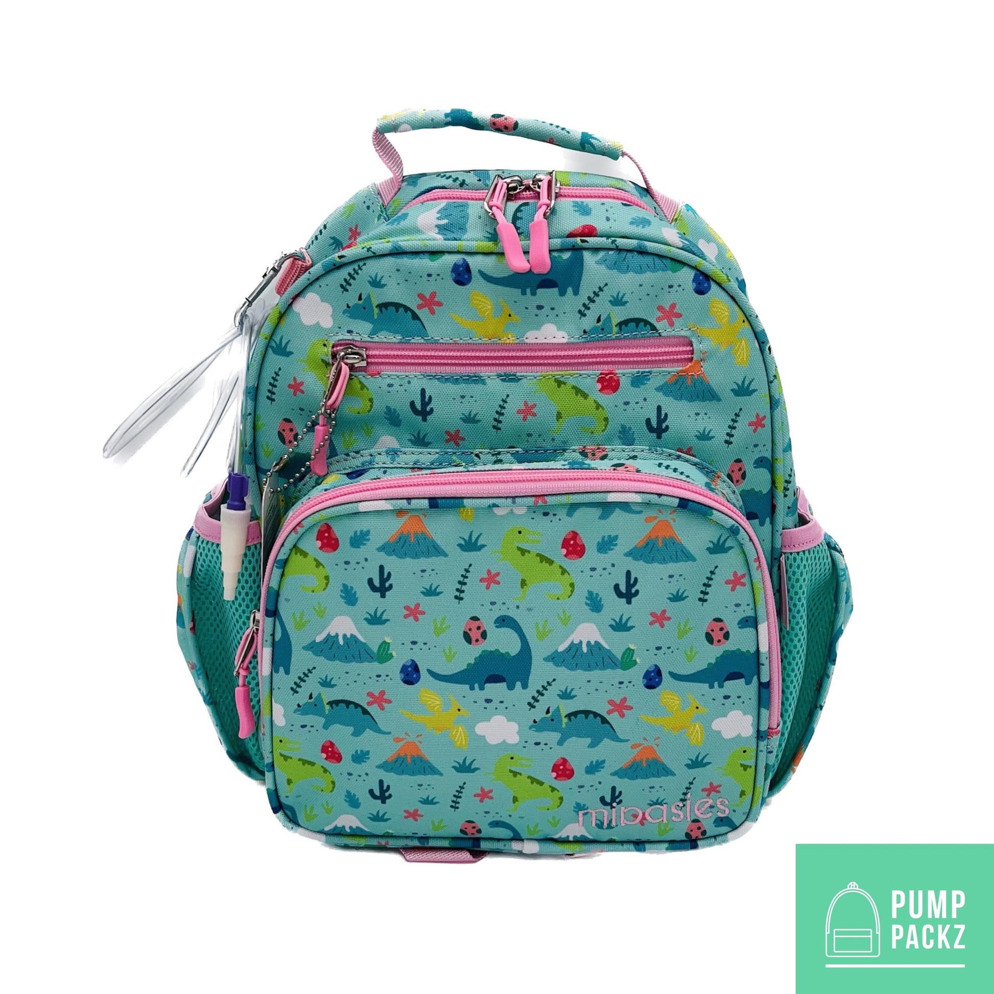 Small Feeding Tube Backpack | Teal and Pink Dinosaurs | For EnteraLite Infinity Feeding Pump, Kangaroo Joey / Omni | 12”