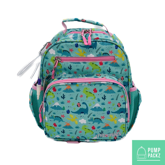 Small Feeding Tube Backpack | Teal and Pink Dinosaurs | For EnteraLite Infinity Feeding Pump, Kangaroo Joey / Omni | 12”