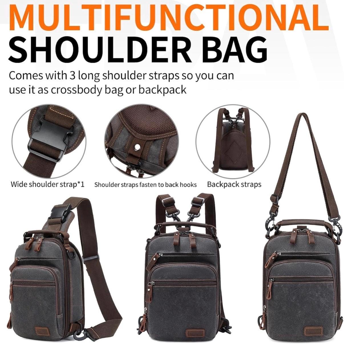 Small Tube Feed Crossbody Bag | Waxed Canvas | Dark Grey with Brown Accents | 12” For Enteralite Infinity Pump and Kangaroo Omni