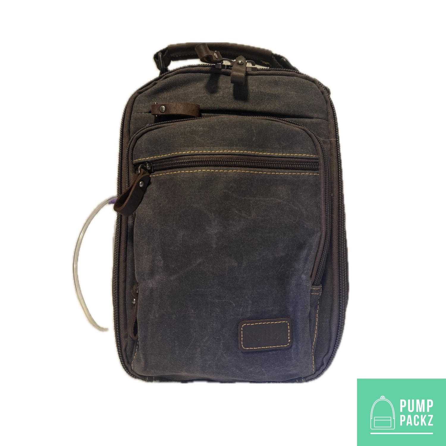 Small Tube Feed Crossbody Bag | Waxed Canvas | Dark Grey with Brown Accents | 12” For Enteralite Infinity Pump and Kangaroo Omni