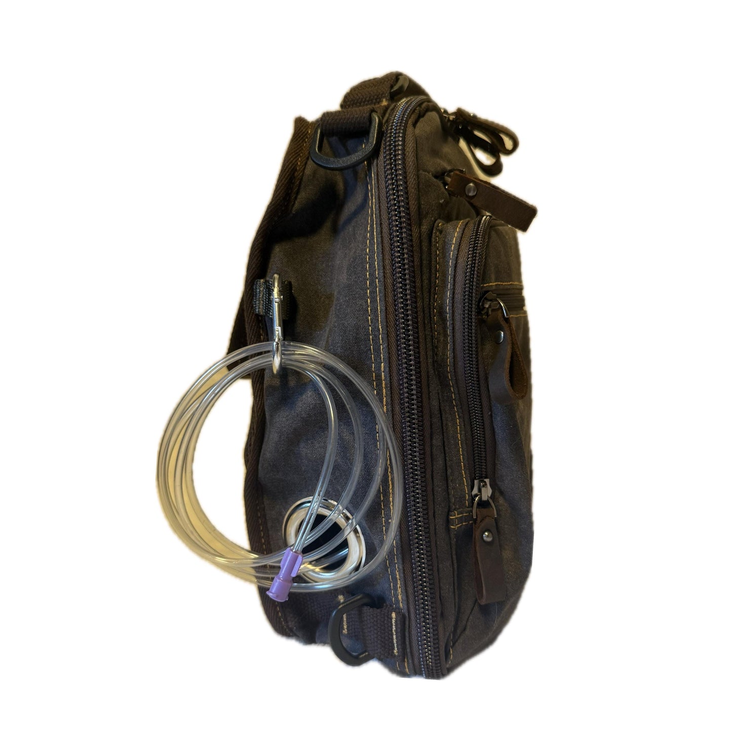Small Tube Feed Crossbody Bag | Waxed Canvas | Dark Grey with Brown Accents | 12” For Enteralite Infinity Pump and Kangaroo Omni