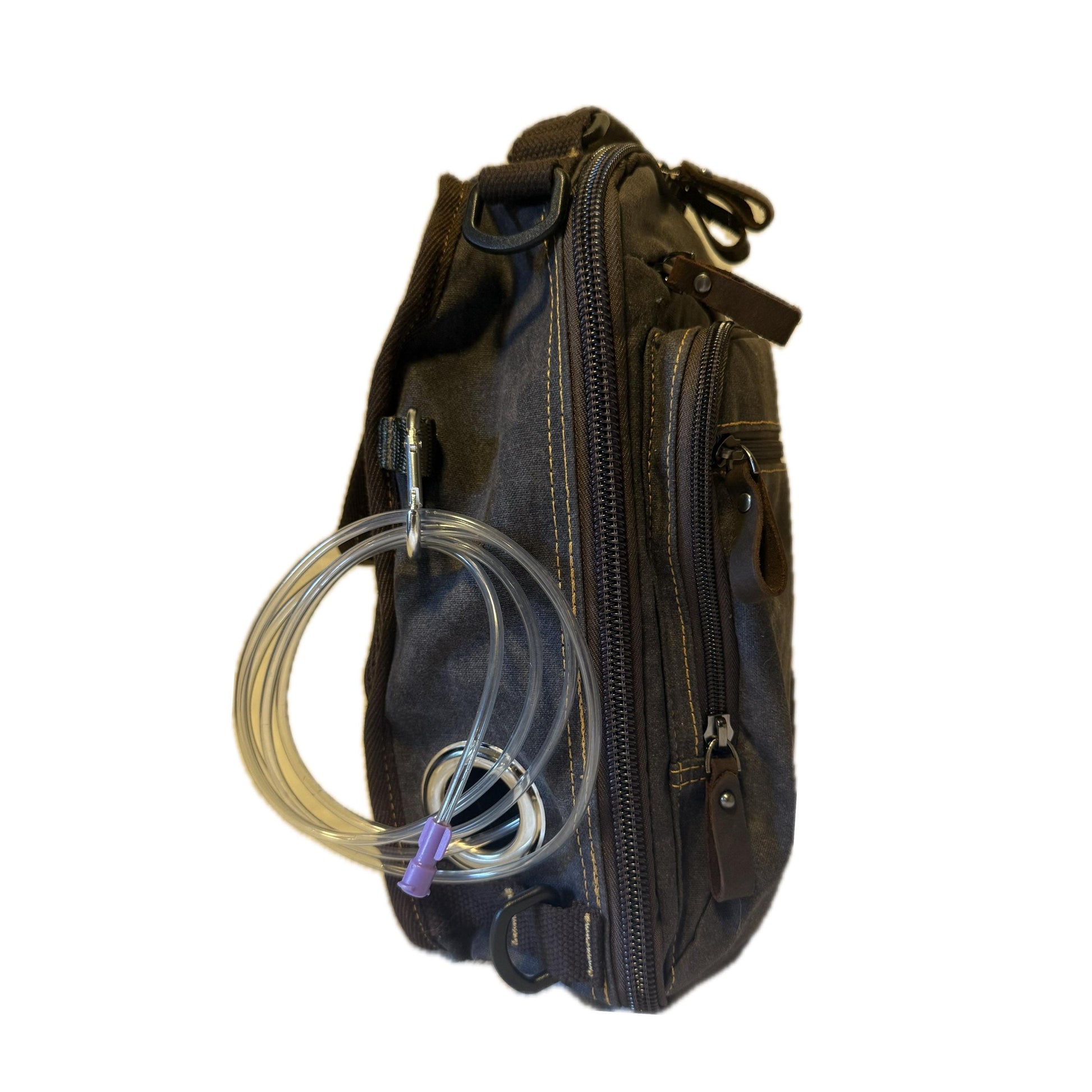 Small Tube Feed Crossbody Bag | Waxed Canvas | Dark Grey with Brown Accents | 12” For Enteralite Infinity Pump and Kangaroo Omni
