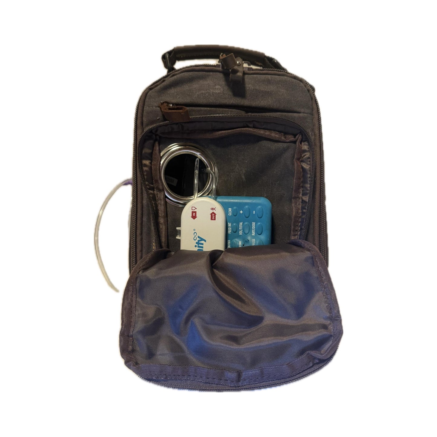 Small Tube Feed Crossbody Bag | Waxed Canvas | Dark Grey with Brown Accents | 12” For Enteralite Infinity Pump and Kangaroo Omni