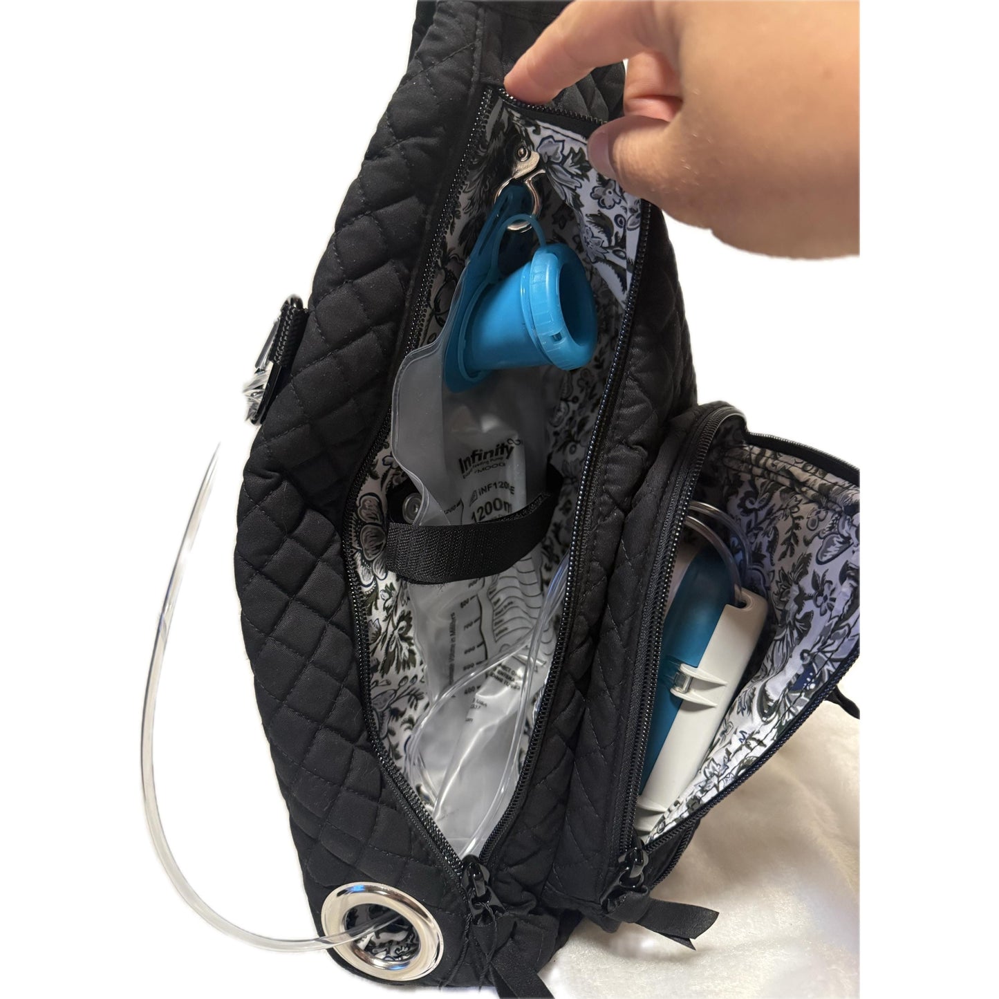 Medium Tube Feed Crossbody Bag | Waxed Canvas | Quilted Black | 15” For Enteralite Infinity Pump and Kangaroo Omni