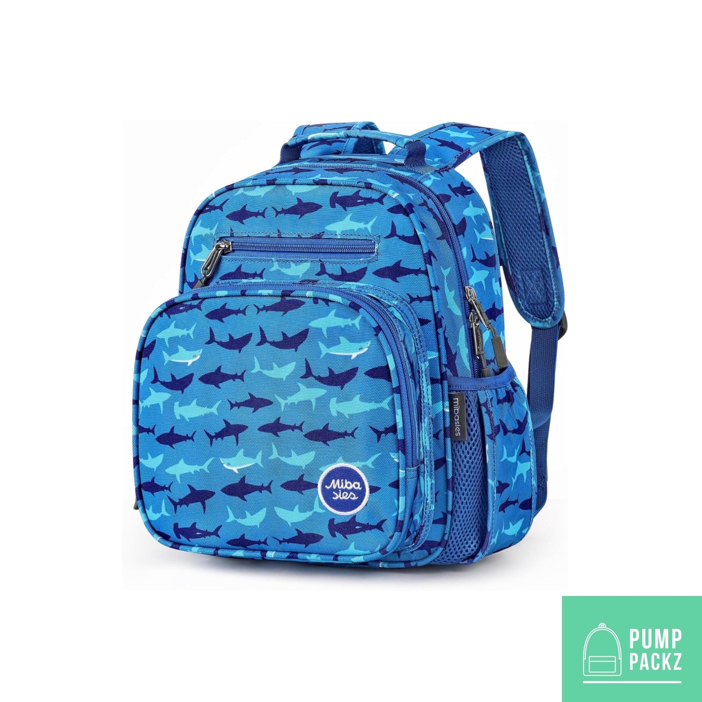 Small Feeding Tube Backpack | Navy Blue Sharks | For EnteraLite Infinity Feeding Pump, Kangaroo Joey / Omni | 12”