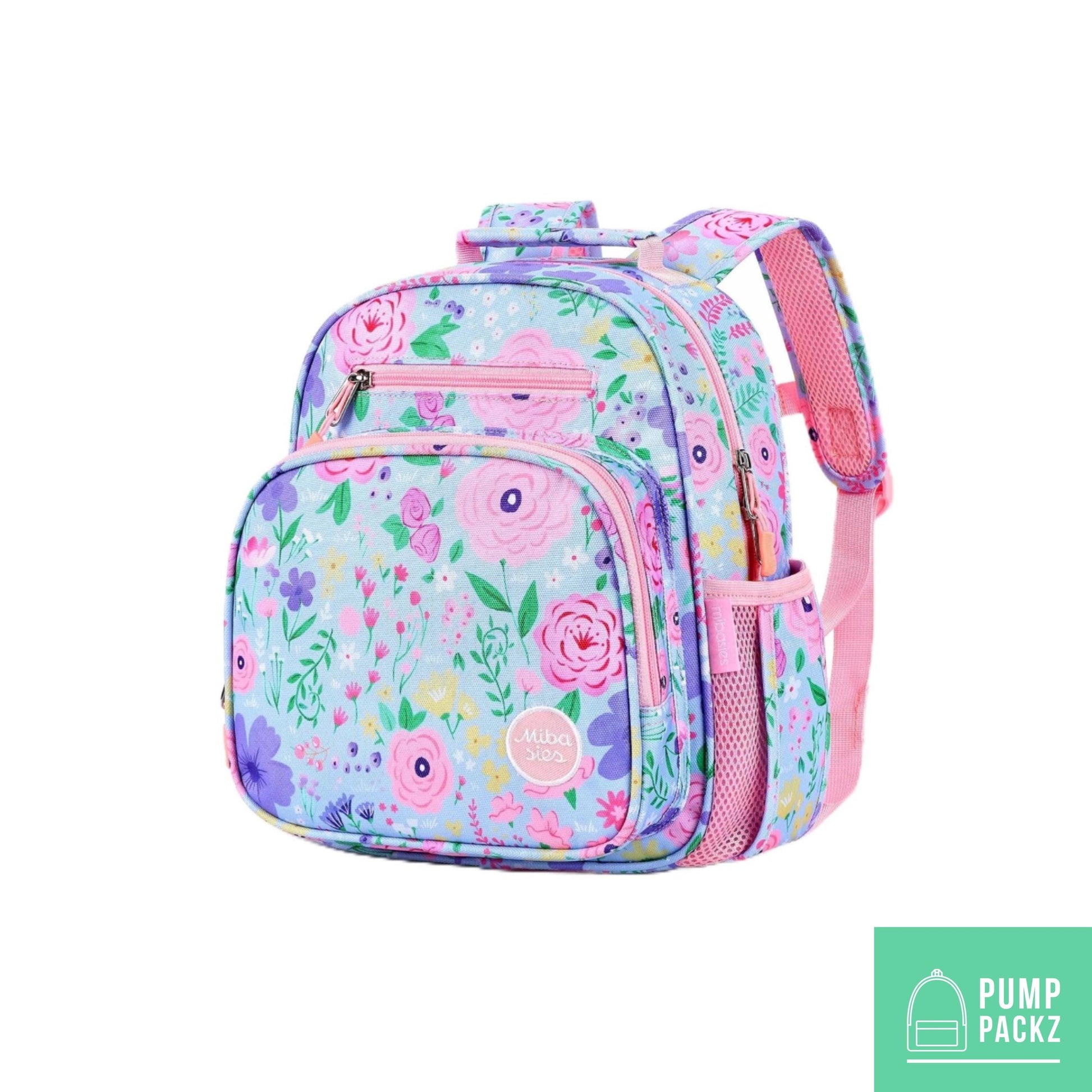 Small Feeding Tube Backpack | Blue and Pink Flowers | For EnteraLite Infinity Feeding Pump, Kangaroo Joey / Omni | 12”