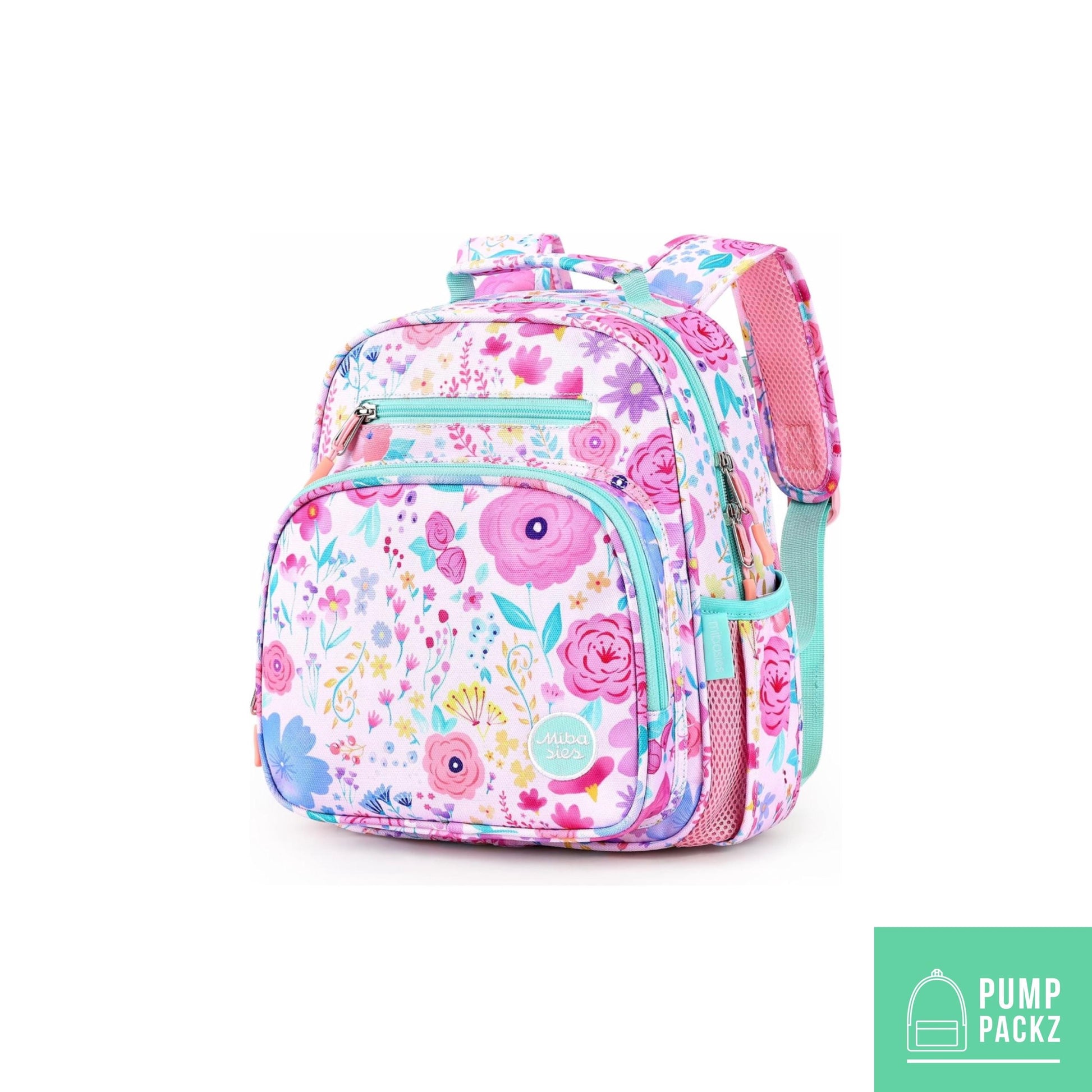 Small Feeding Tube Backpack | Teal and Pink Flowers | For EnteraLite Infinity Feeding Pump, Kangaroo Joey / Omni | 12”
