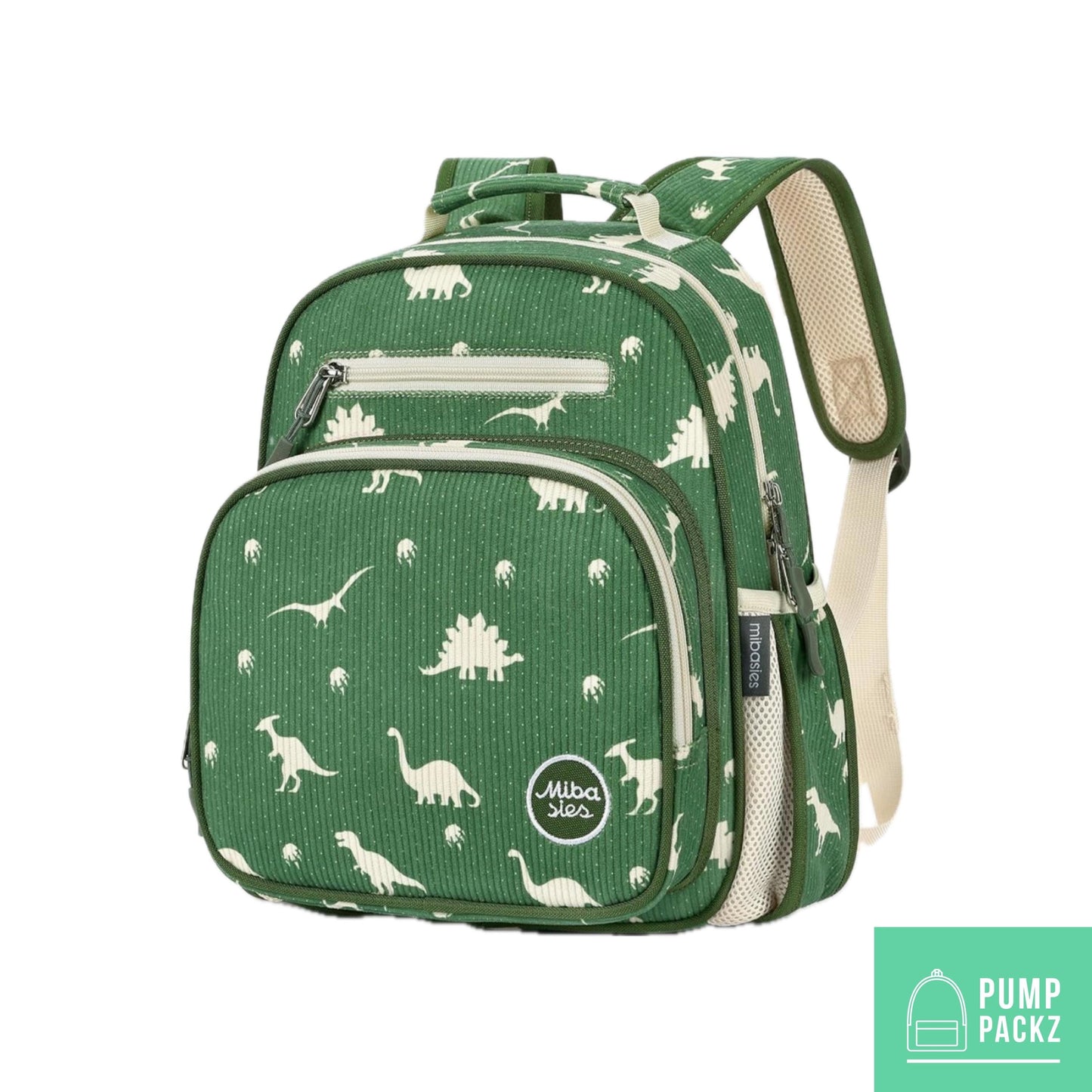 Small Feeding Tube Backpack | Green Dinosaur Corduroy | For EnteraLite Infinity Feeding Pump, Kangaroo Joey / Omni | 12”