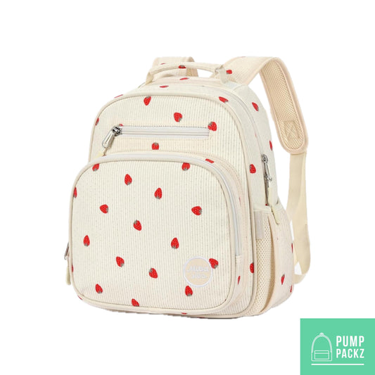 Small Feeding Tube Backpack | Beige Strawberry Corduroy | For EnteraLite Infinity Feeding Pump, Kangaroo Joey / Omni | 12”