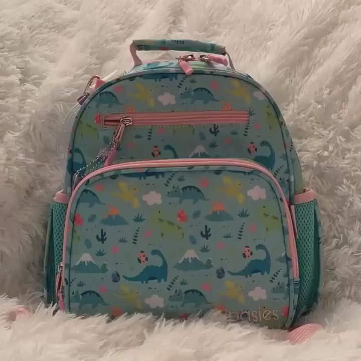 Small Feeding Tube Backpack | Teal and Pink Dinosaurs | For EnteraLite Infinity Feeding Pump | 12”